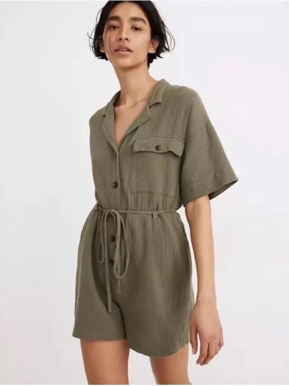 Madewell Olive Utility Short-Sleeve Romper